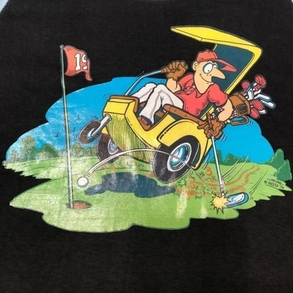 Vintage 1974 Golfer Iron-On On Blue & Black Raglan Baseball T-Shirt Tee Golf